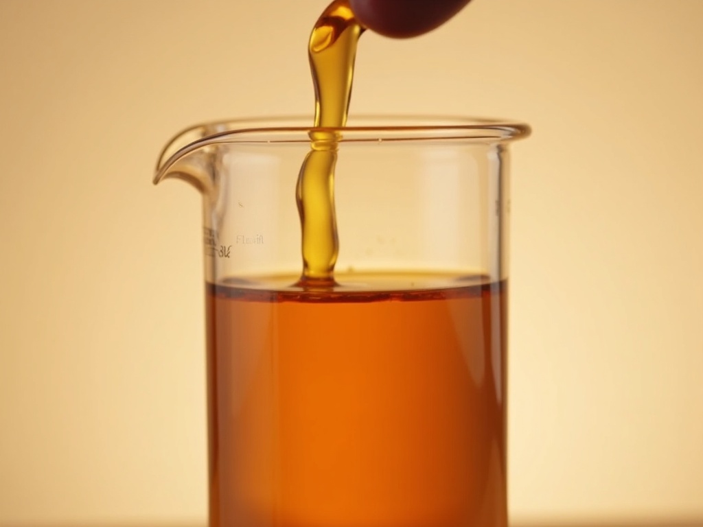 Dark viscous patchouli oil poured into a clear glass beaker showing its amber-brown color and viscosity