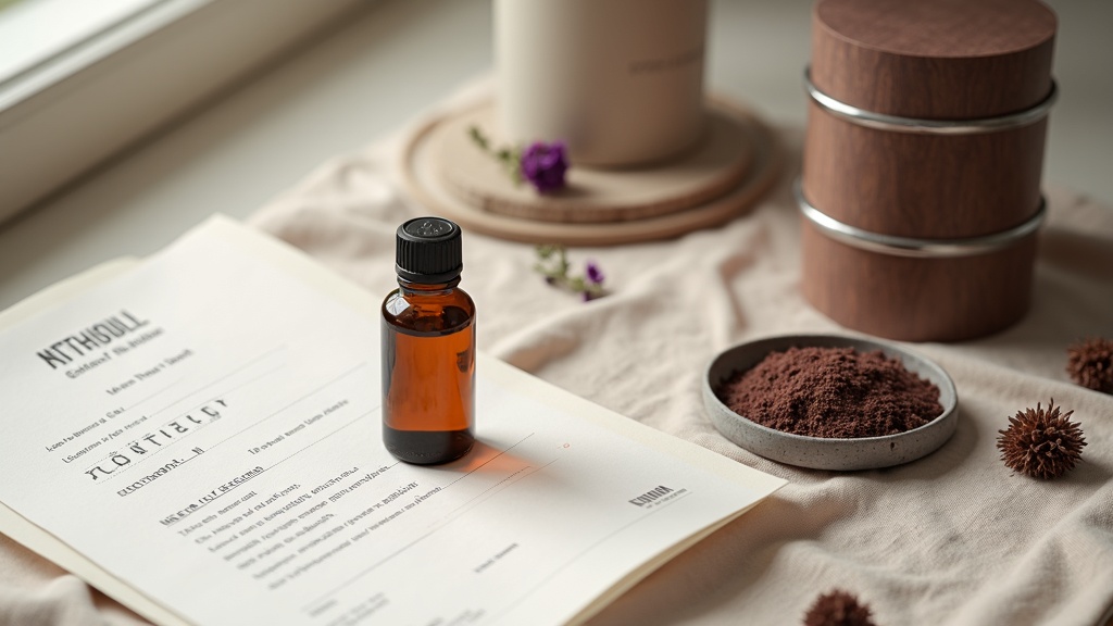 Amber vial and steel drum of Indonesian patchouli oil beside a certificate of analysis and dried nilam leaves on a cream bench